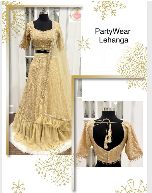 Beautiful gold Sequin Ruffle Style Resham Sequence Embroidered Lehenga
Champagne gold color scheme
Design: Ruffle Style with Resham Sequence Embroidery
Fabric: Georgette
Stitching: Fully Stitched
Size: 42
Lehenga Length: 42 inches
Occasion: