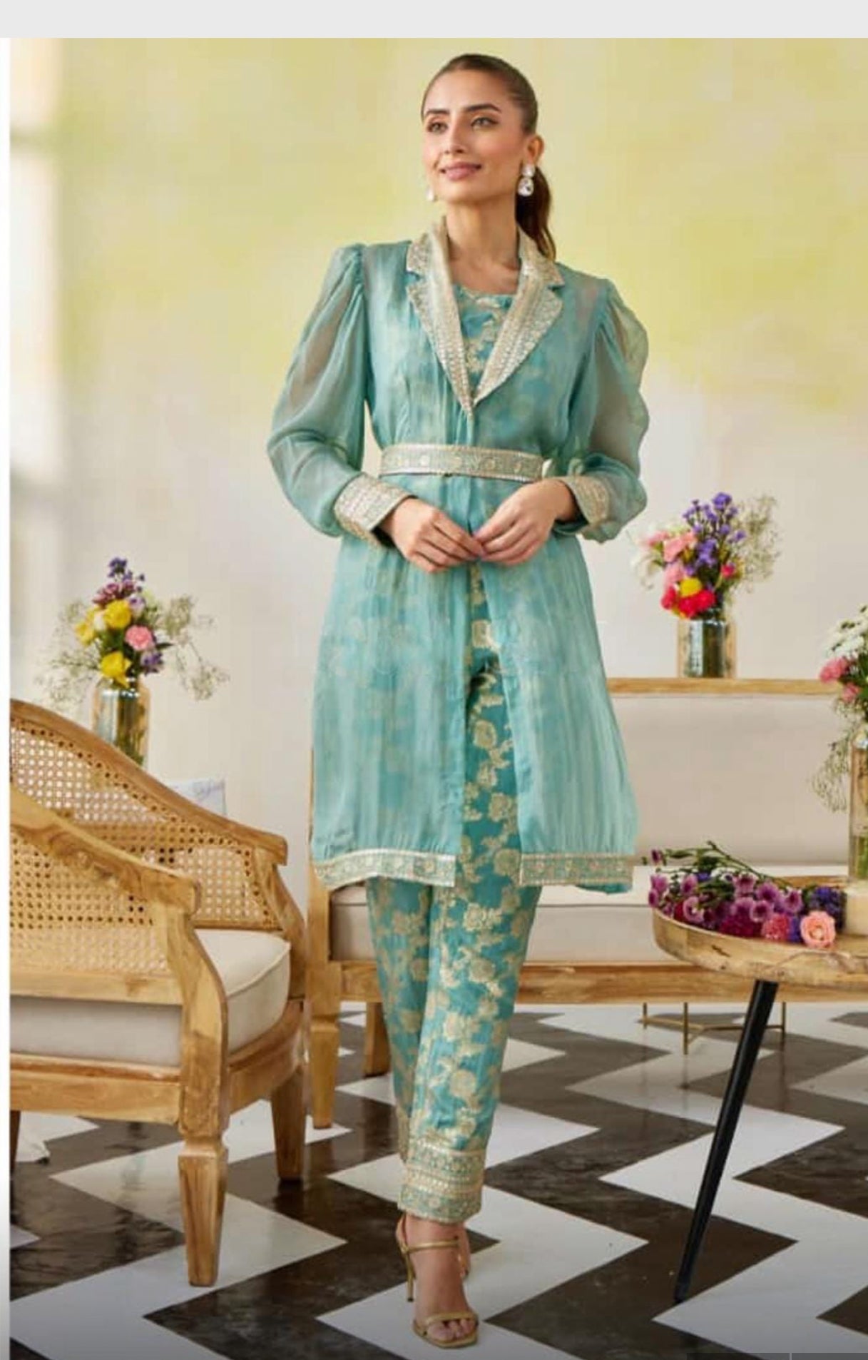Elegant 3 pc Cord set in organza jacket with banarsi top and pant fabric powder blue Partywear Dress Ready to ship USA size 36/38