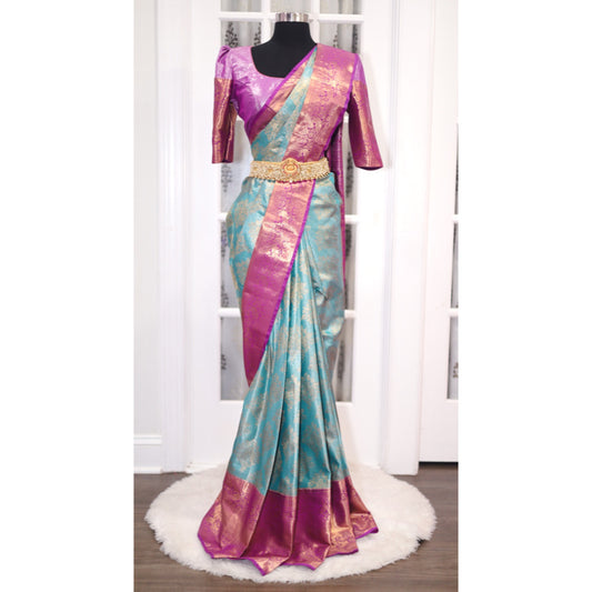 Beautiful Kanchi Pattu saree in charming combo of cyan blue and dark magenta combo with stitched blouse fits 36-42.