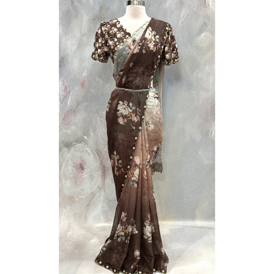 Beautiful floral organza lightweight chocolate dual color Partywear Saree with stitched blouse size 38 cut work hand work border