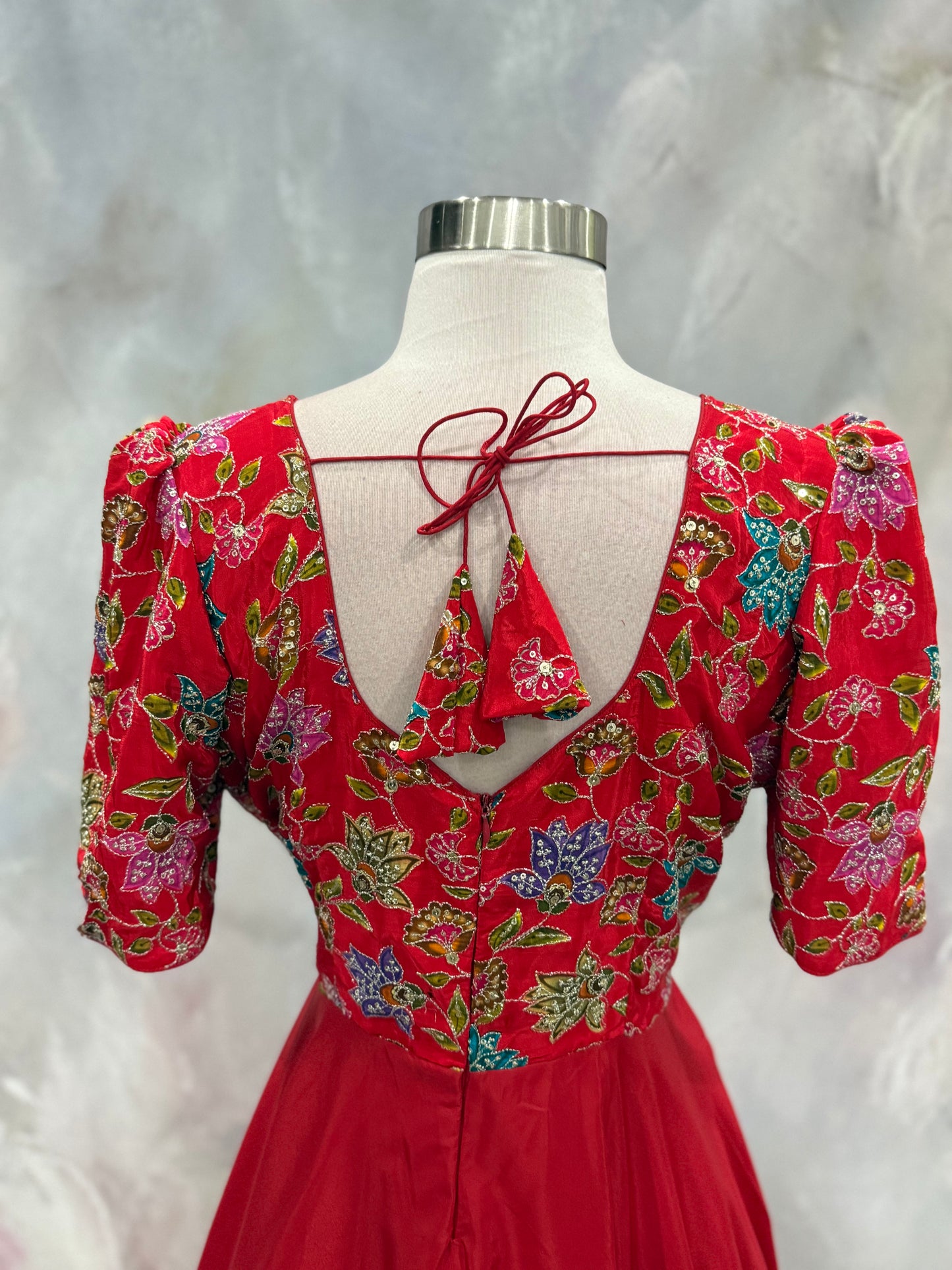 Customized crepe Partywear gown with Position print sequence work in yoke flowy gown size 42 length 55 in ready to ship USA