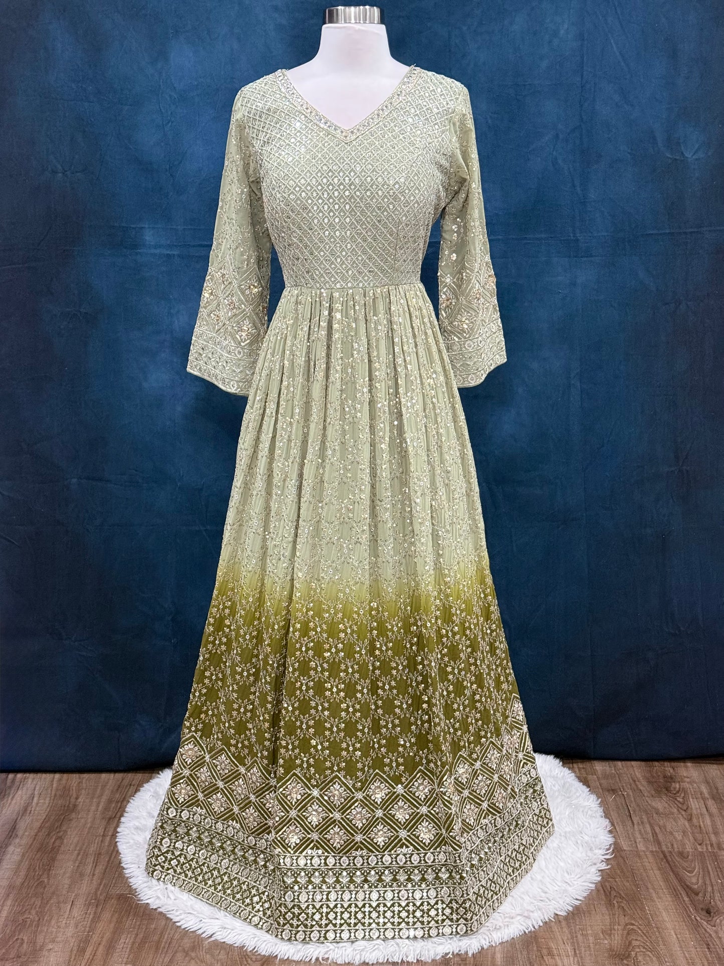 Beautiful Party wear gown perfect for Mehendi , birthday, wedding events. Available in size 44 inches and Can be altered if needed.