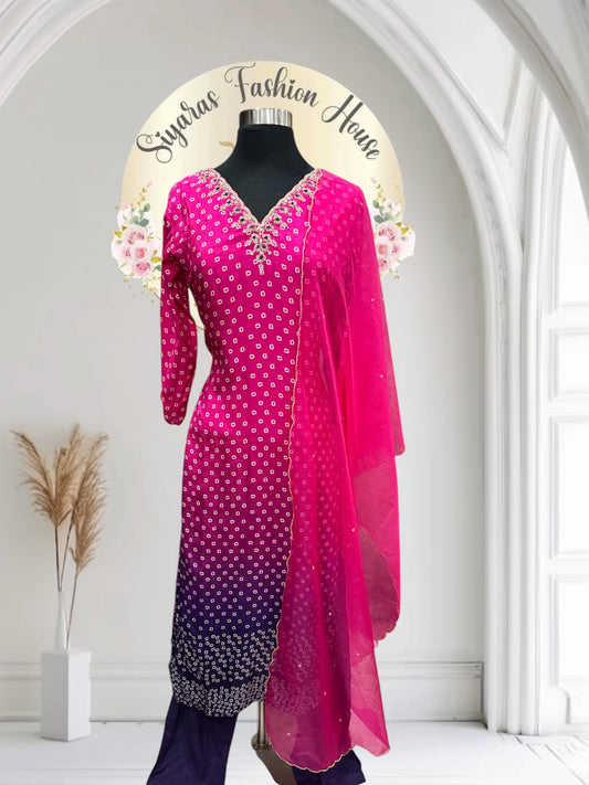 Beautiful Muslin silk 3 piece set with dual shade Bandini print. Available in size 36 and 40.