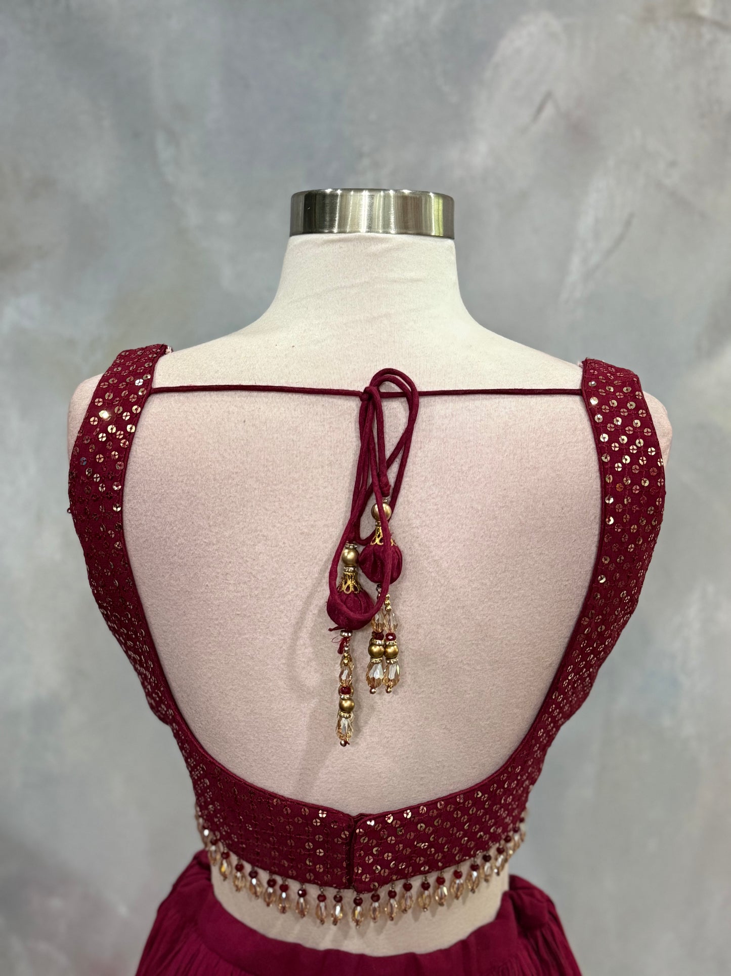 Wine-Hued Glamour Indowestern Croptop Georgette Lehanga with Ruffle organza dupatta size 36/38 stylish blouse bead embellishments