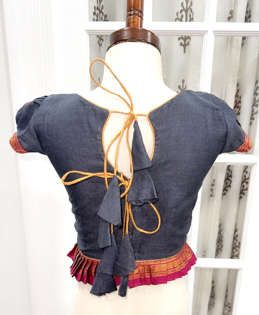 Girls 3-6 yrs Naranyanpet pure cotton Lehanga /Half saree with self color duppatta in charcoal color with purple border Langa voni