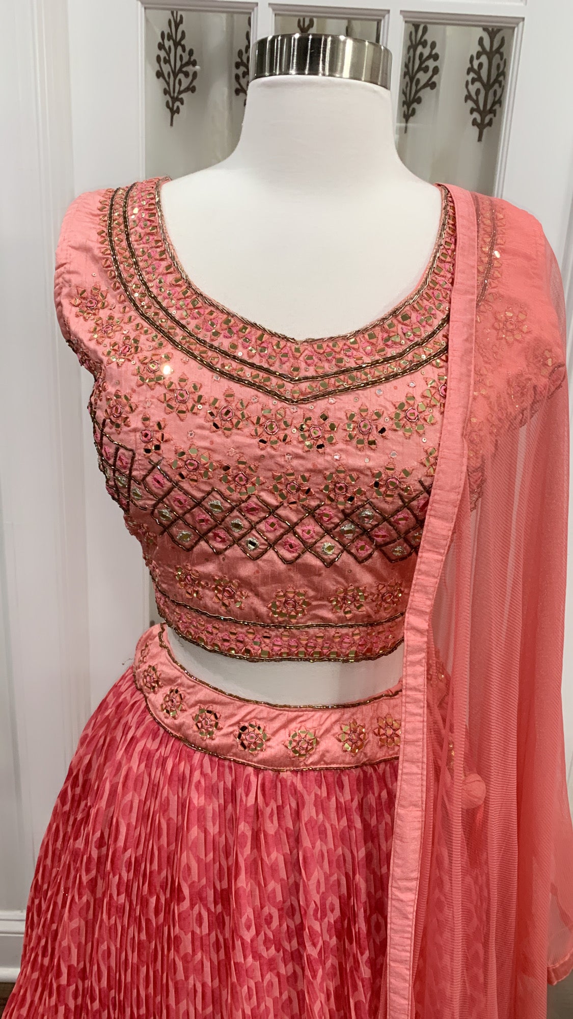 Elegant Partywear peach pink Lehanga in raw silk blouse with handwork and mirror work and chiffon skirt grand looking size XL