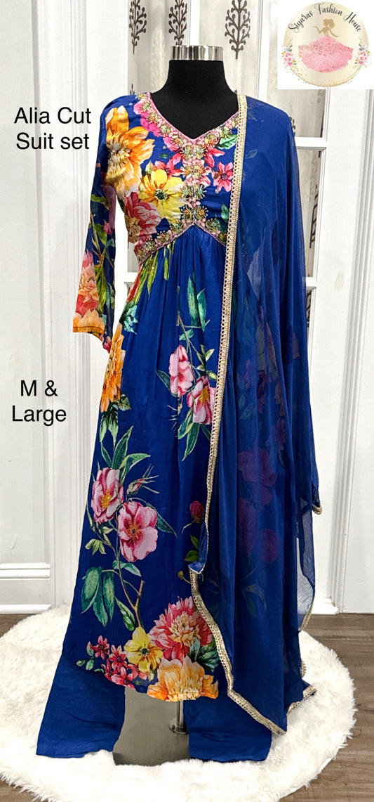 Trendy Alia cut 3 pc suit set in blue floral prints pure chinon Fabric