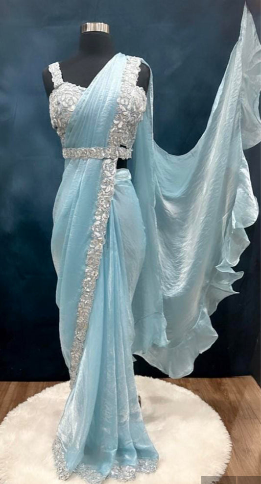 Gorgeous Dazzling Partywear Ready to wear saree with lightweight cape in Blue shade. Size 38/40 ready to ship