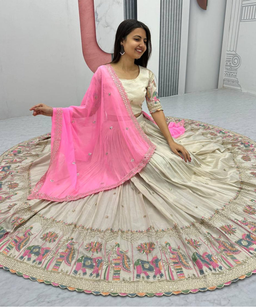 Elegant Off White Banarasi Tissue Silk Wedding Lehenga Choli – Heavy Embroidery & Sequin Work – Size Large 40 , chaniya choli, ready to ship usa