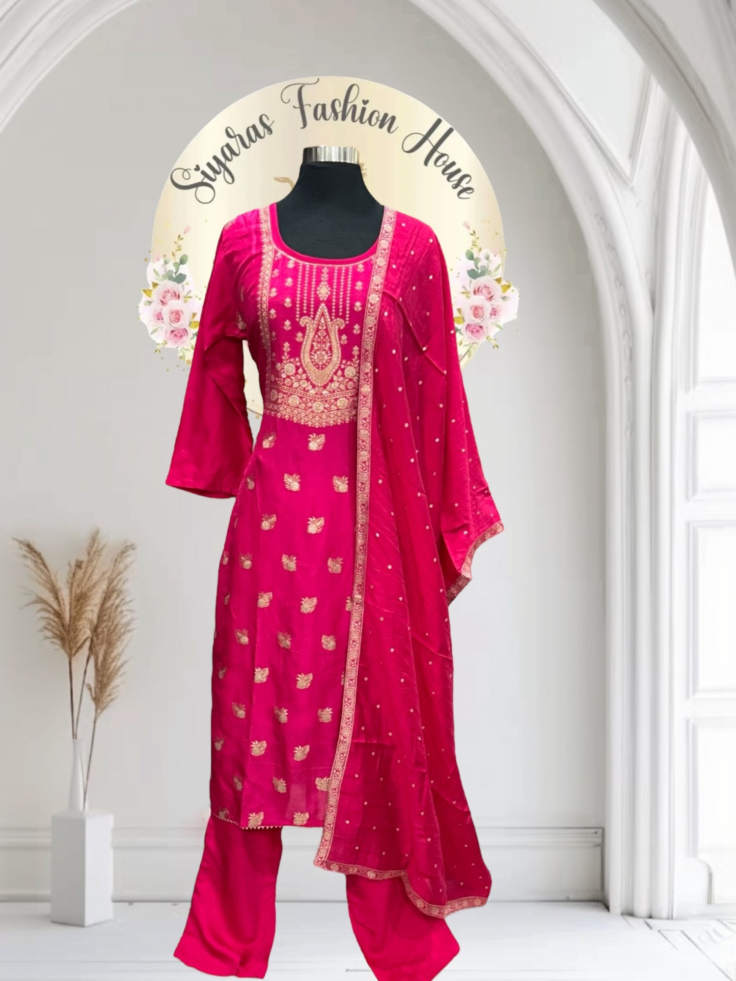 Beautiful Banarasi silk kurti 3 piece set in Rani pink color . Available in size 42
