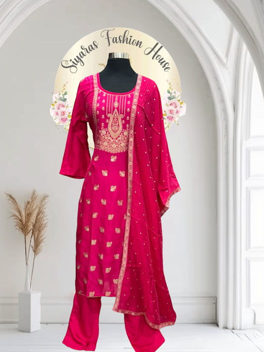 Beautiful Banarasi silk kurti 3 piece set in Rani pink color . Available in size 42