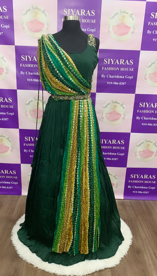 Attractive IndoWestern Green Georgette Gown with attached Bandhini mirror work Dupatta  work on shoulder  and comes with work waist Belt