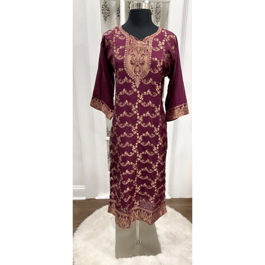 Attractive Maroon color Banarasi kurti only with elegant pattern weave size inclusive size 44 length 46 Ready to ship