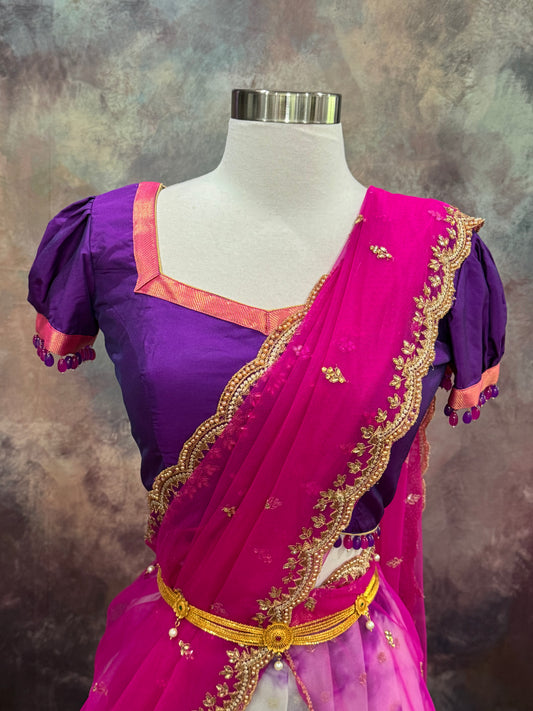 Beautiful customized Organza half saree with Pattu border. Available in size 34