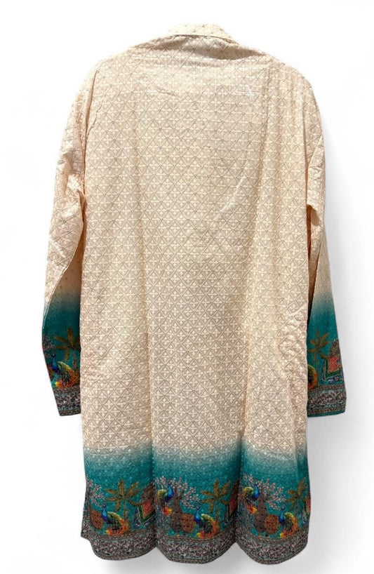 Men’s Customized Chikankari with elegant designer print on Daaman from and back size 44/46 comes with white pant ready to ship USA