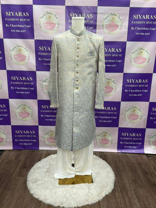 Elegant Men’s Sherwani customized outfit size 44 in banrasi brocade fabric with white pant for wedding, Reception , Sangeet Partywear dress