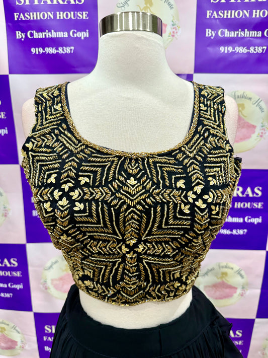 Beautiful Black Drape style part wear lehenga with work all over the blouse and come with the work hip belt. Available in size 36/38.