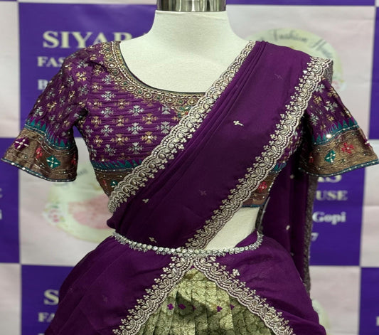 Gorgeous banrasi Half Sarees with Maggam work/Hand work blouse for Teens/Adults. Available in size 36