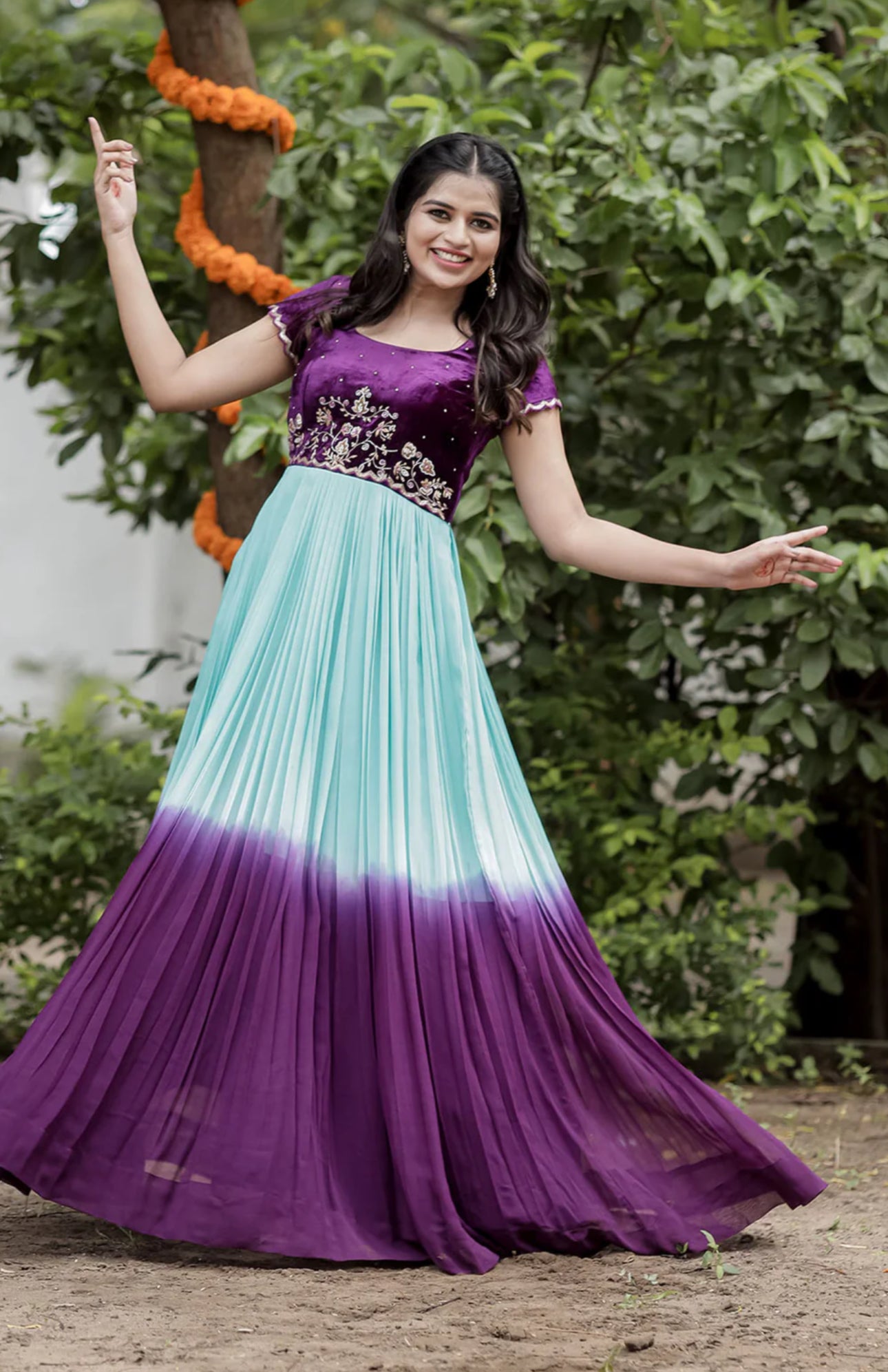 Stunning Anarkali Gown with handwork yoke in velvet and Flowy Dual shade Long gown in Georgette fabric size XXL