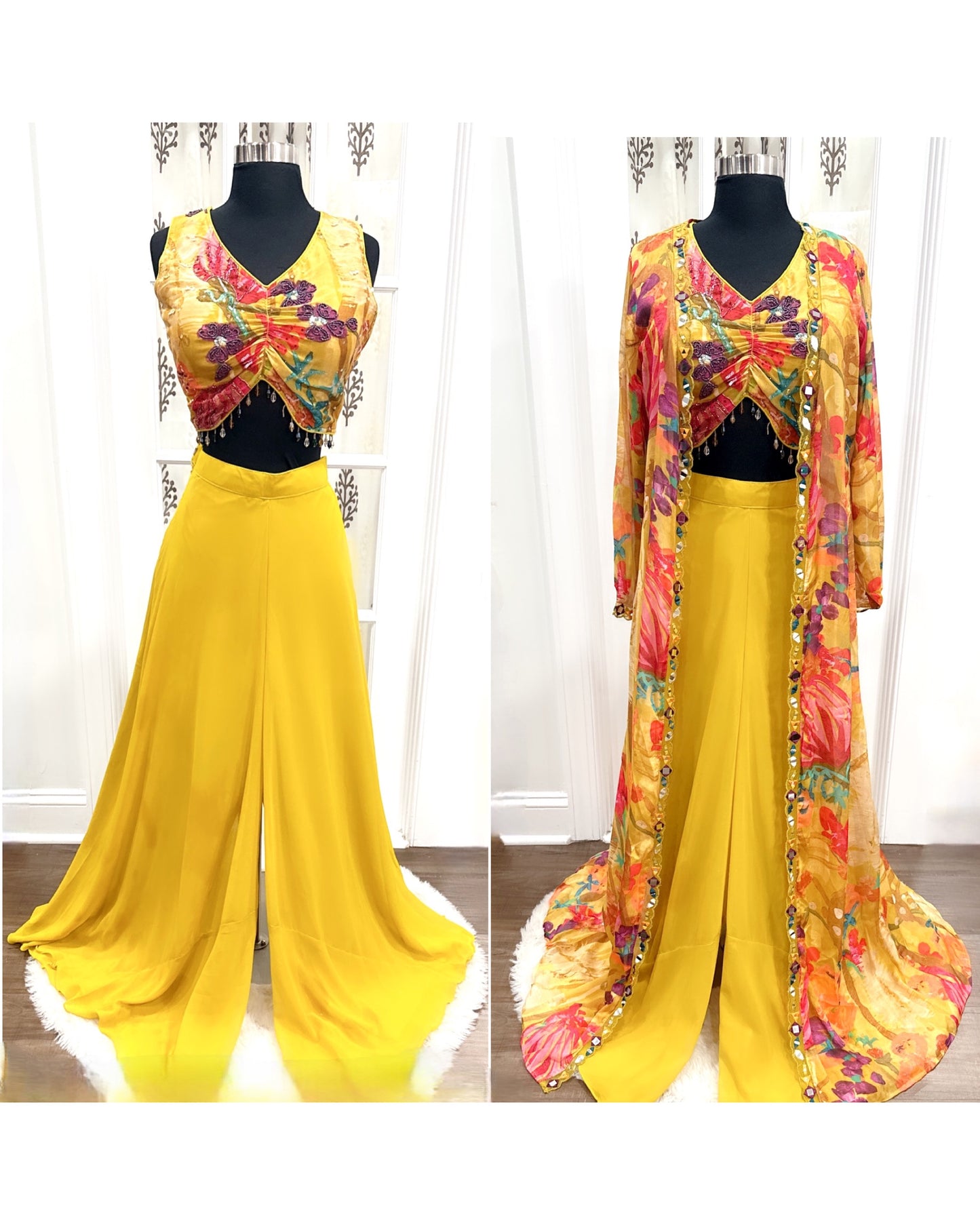 Jacket Style Floral Alia cut IndoWestern CropTop Palazzo set with hand work/mirror work Partywear dress wedding collection Haldi