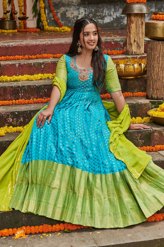 Gorgeous Sea blue and lime green Banarasi dress with necklace-style hand embroidery and a georgette dupatta with heavy embroidery size 36