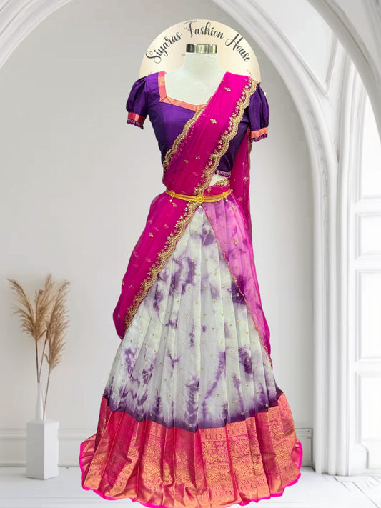 Beautiful customized Organza half saree with Pattu border. Available in size 34