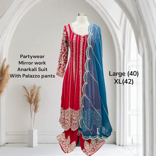 Partywear Mirror Work Anarkali Suit with Palazzo Pants and Blue Dupatta | Red Anarkali Set | Sizes Large (40) & XL (42)
