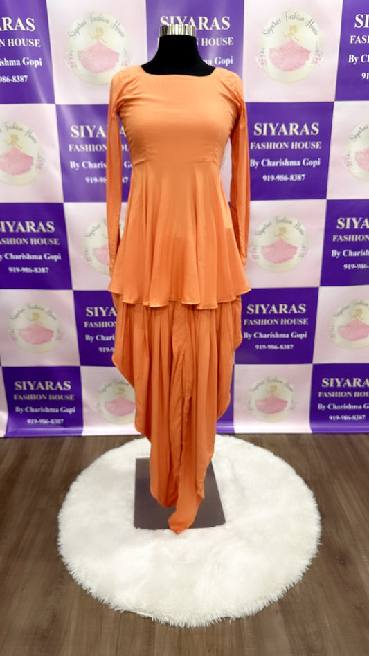 Elegant Orange/Salmon Pink Dhoti Style Dress with peplum top and Kalamkari Jacket