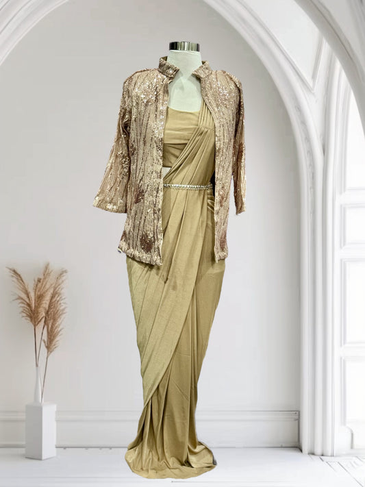 Beautiful gold color ready to wear saree with the sequin jacket. Available size is