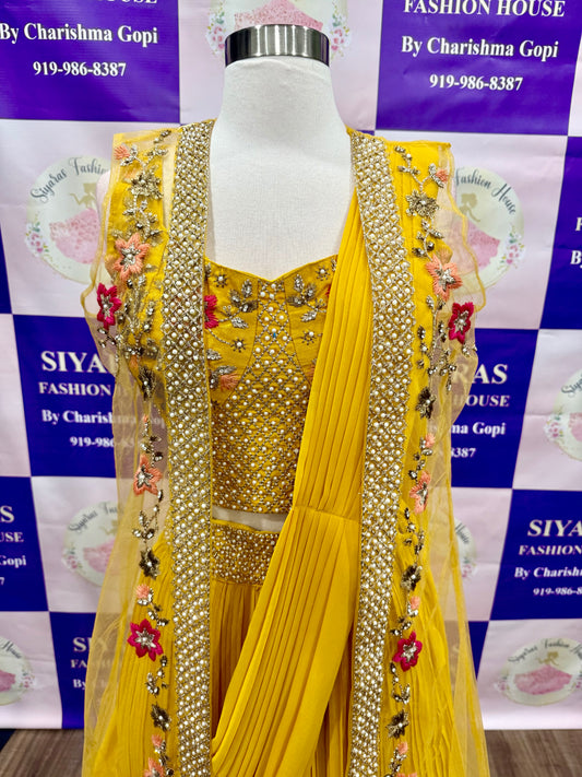 Beautiful partywear / Haldi outfit. Drape style lehenga with jacket. Available in size 38