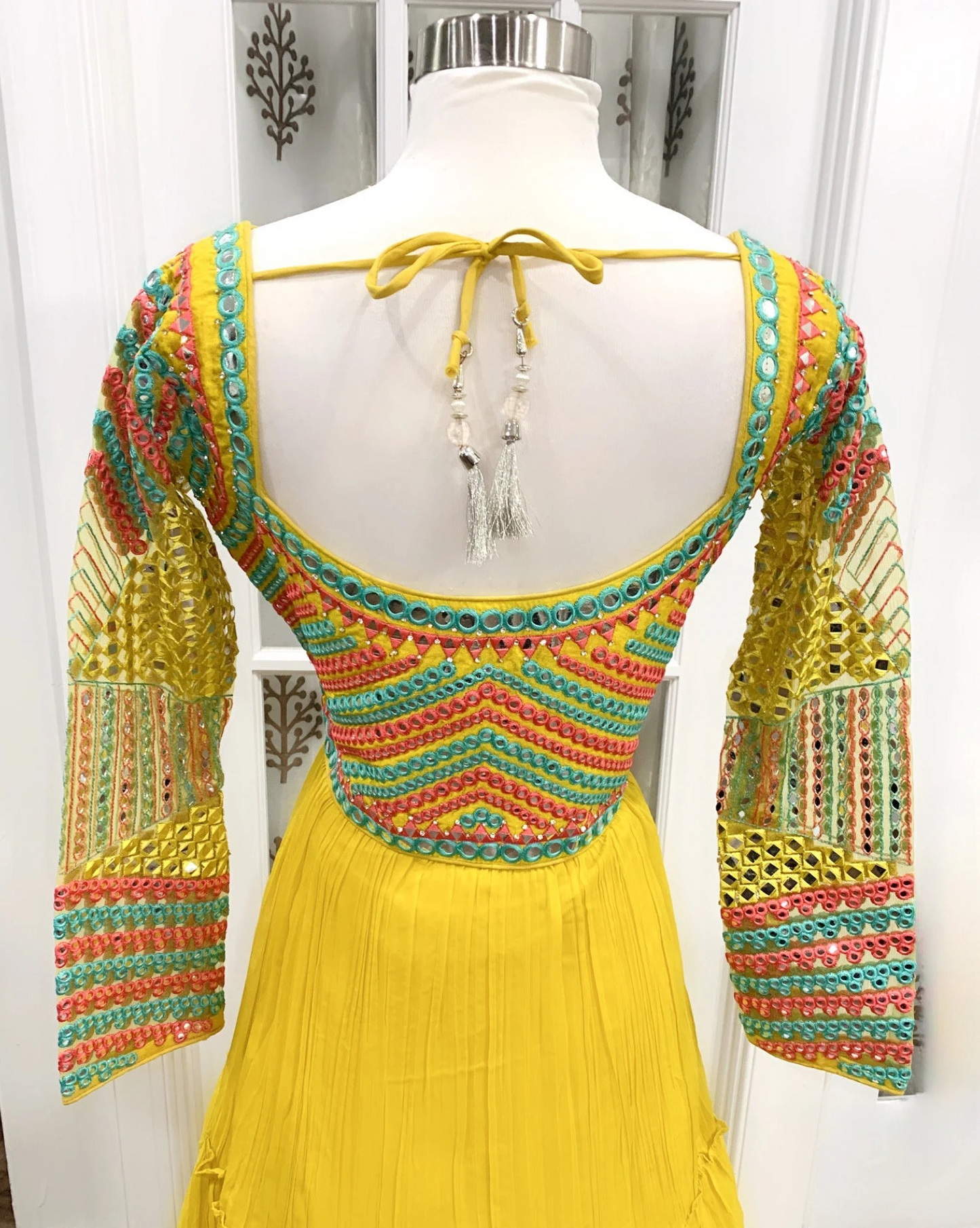 On sale yellow Long Sleeves Gown with work on yoke and back Ready to ship size 38.