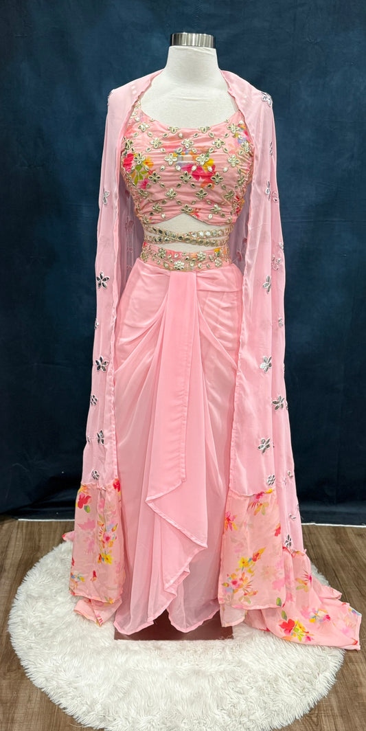 Elegant Pink Indo-Western Crop Top Set | Embroidered Partywear Dress | Drape Skirt Outfit | Size 38 | Ready to Ship from USA