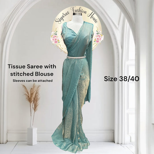 Beautiful tissue saree with blouse. Available in size 38 and 40. Shorts sleeves can be attached.