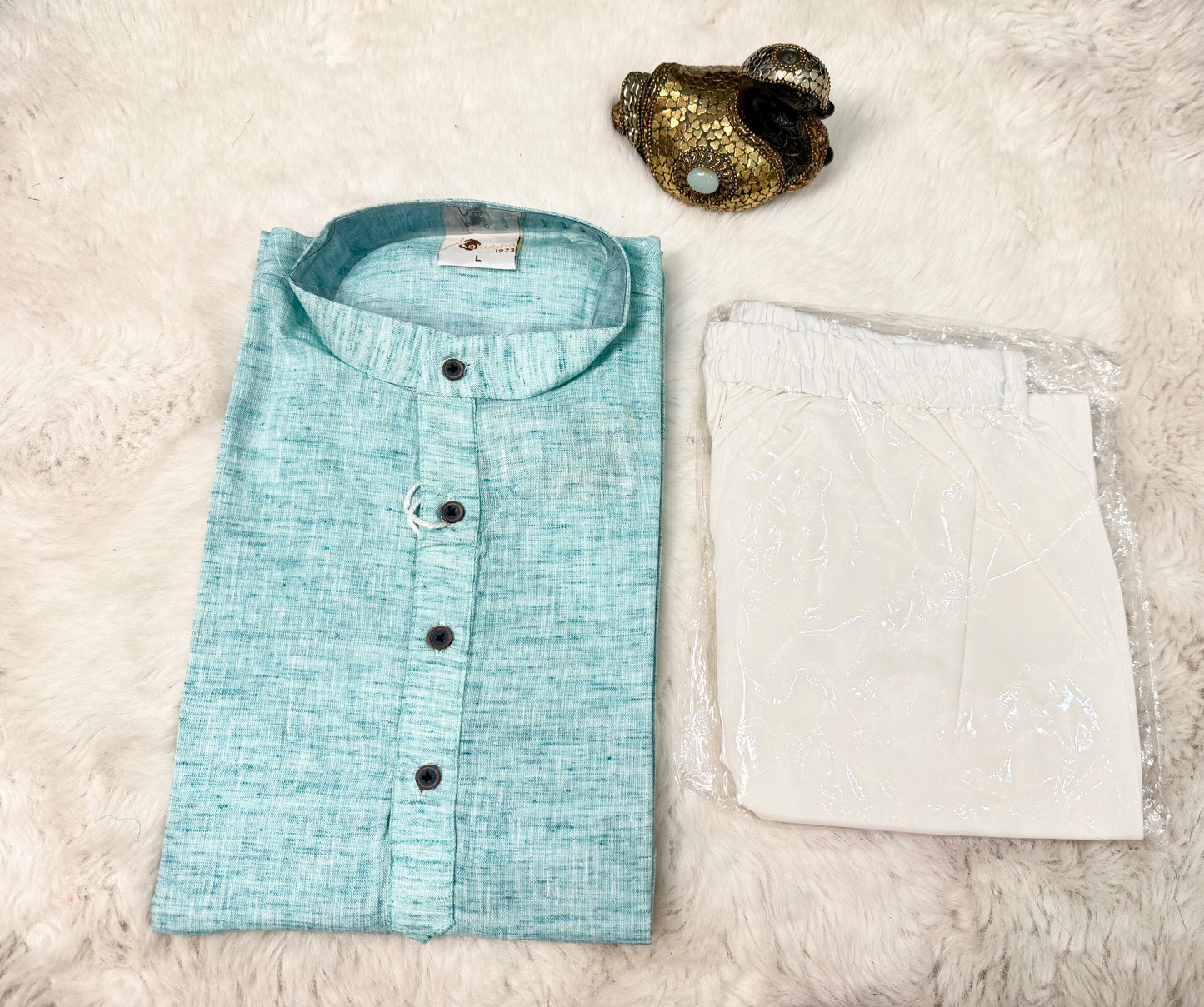 Lovely cotton mens kurta set with white pant. Available in size Medium 38/Large 40/ XXL 44