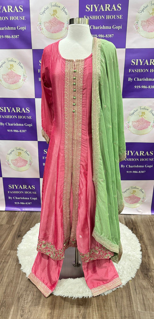 Beautiful Anarkali suit set with small front slit and comes with contrast Dupatta. Available in size 44 and 46