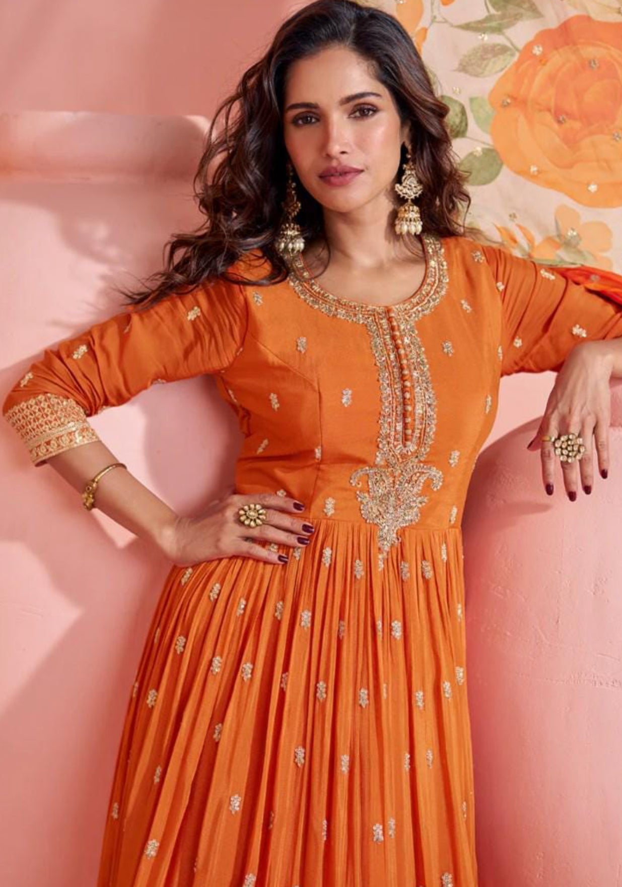 Gorgeous wedding Partywear Anarkali chinon Silk Gown with embroidery and kalamkari floral dupatta with border size XXL 44 long gown