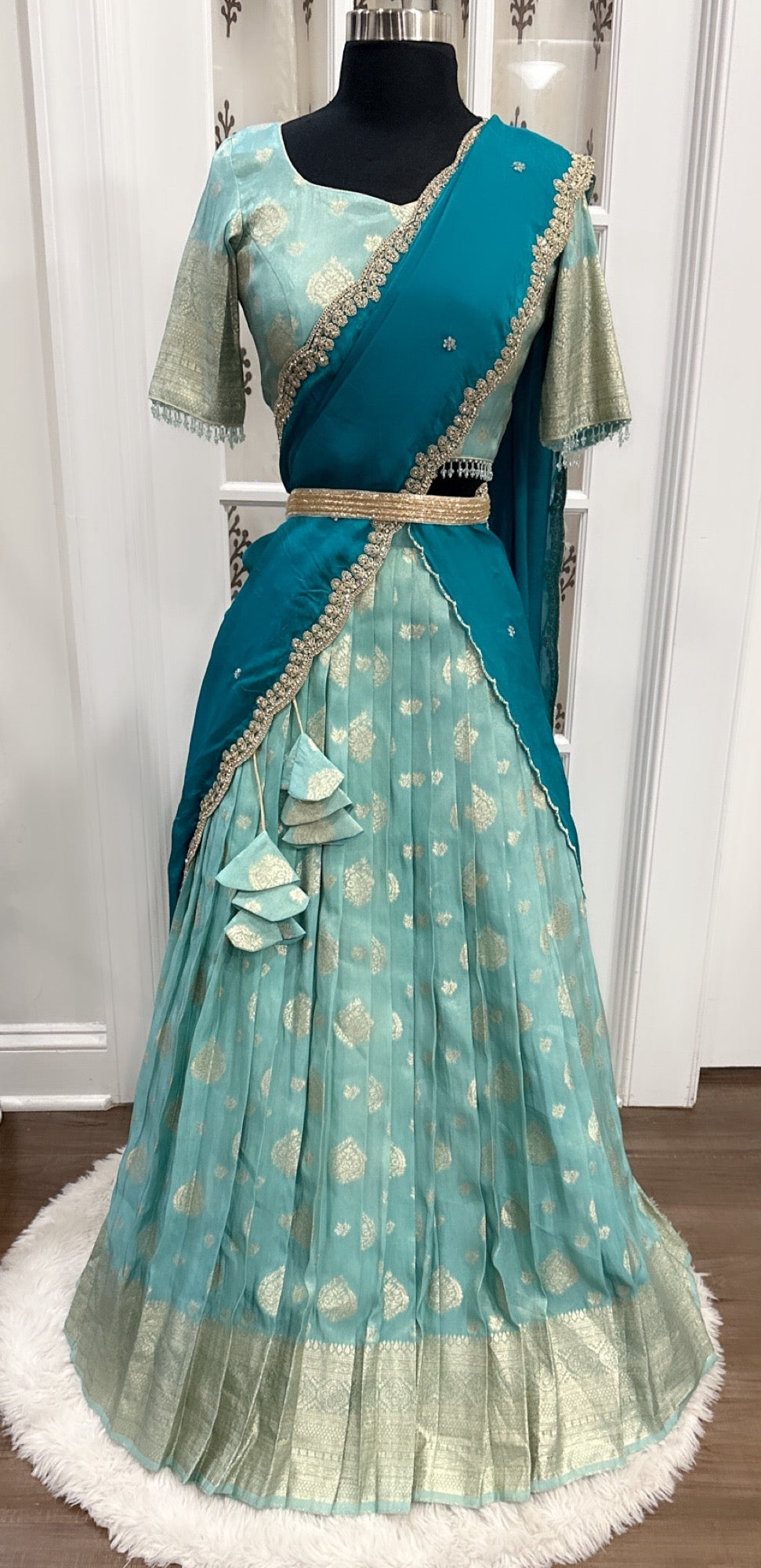Gorgeous Blue Tissue silk half saree with pure chinon cutwork dupatta Size available in 36,38.