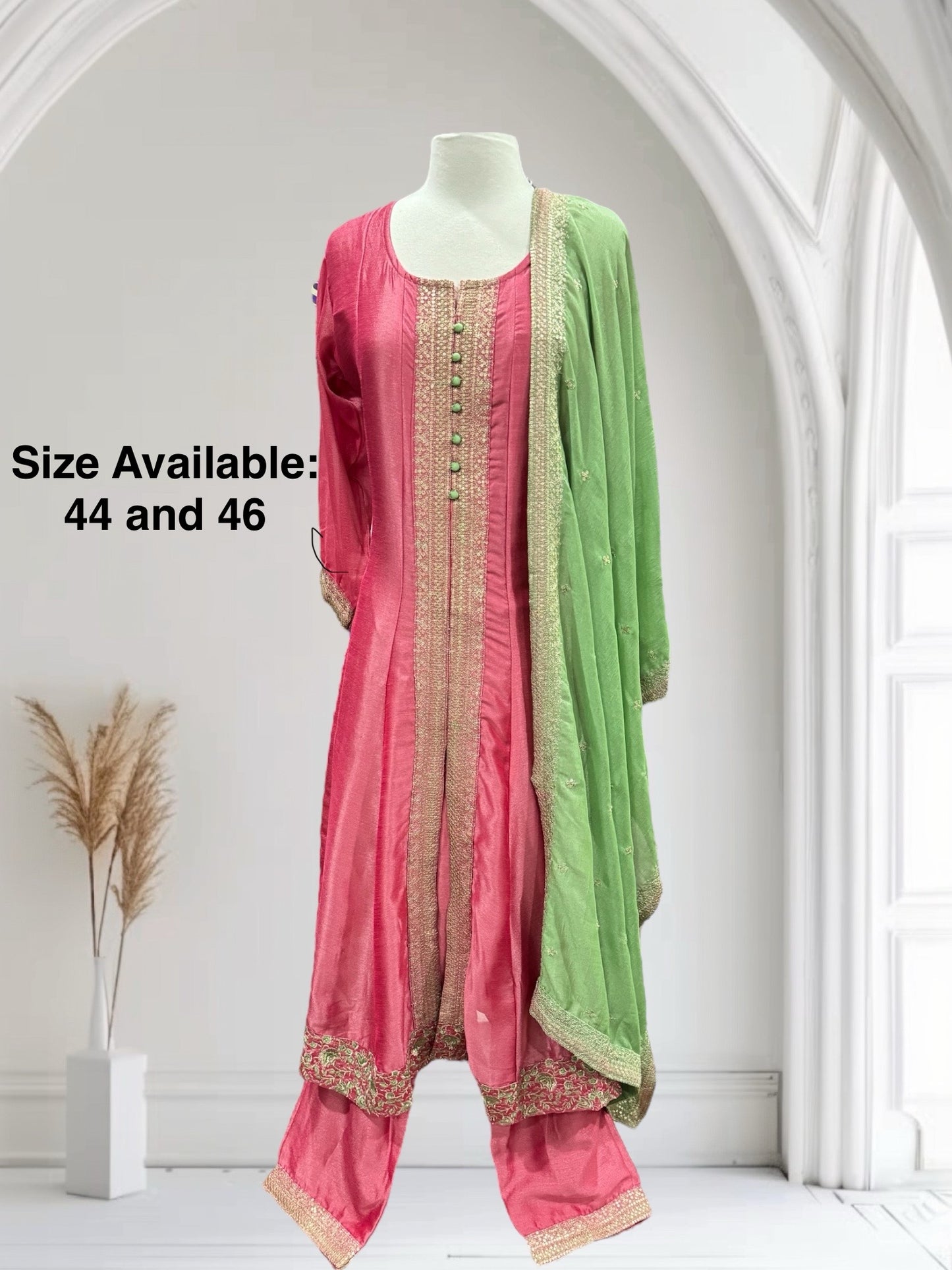 Beautiful Anarkali suit set with small front slit and comes with contrast Dupatta. Available in size 44 and 46