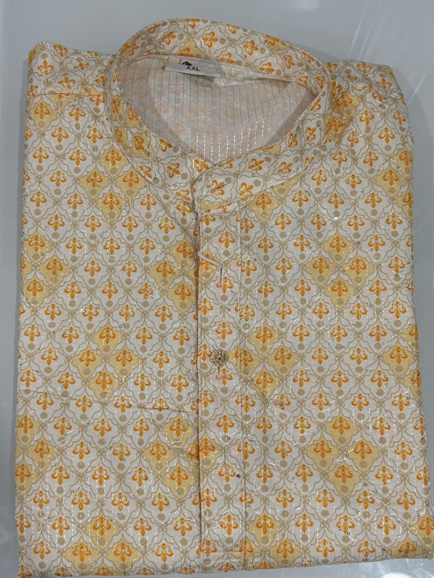 Men’s Sequin Silk Kurta Pyjama Set | Light Yellow Partywear Outfit | Wedding & Reception Dress | Size 40 & 44 | Fast Shipping from USA | Budget Friendly