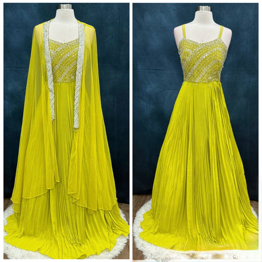 Gorgeous Yellow Indo-Western Long Gown with Cape / Shrug (Size 38, Length 58). Can be altered to fit your needs.
A dreamy yellow statement gown for every festive mood 💛