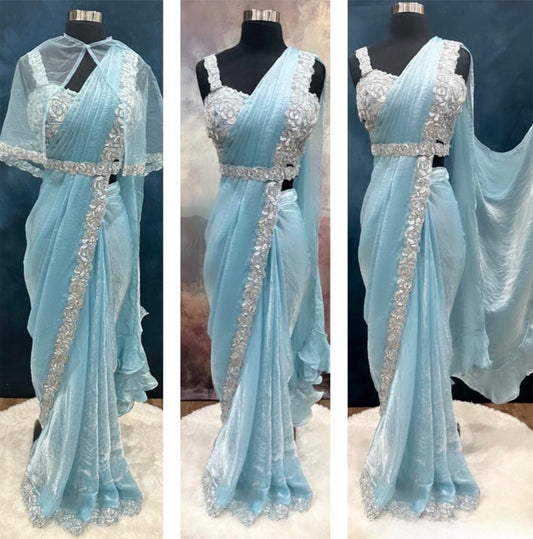 Gorgeous Dazzling Partywear Ready to wear saree with lightweight cape in Blue shade. Size 38/40 ready to ship
