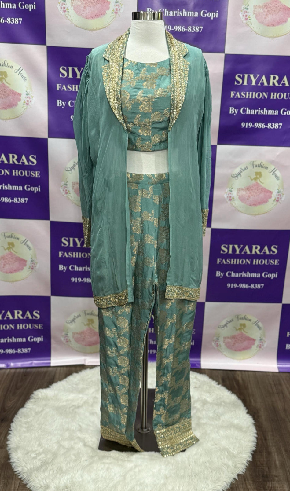 Elegant 3 pc Cord set in organza jacket with banarsi top and pant fabric powder blue Partywear Dress Ready to ship USA size 36/38