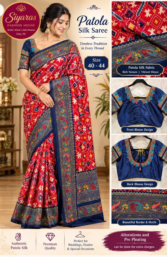 Patola Silk Saree | stitched embroidered blouse| Saree tassels 40-44 | Traditional Elegance with a Modern Touch | wedding guest outfit