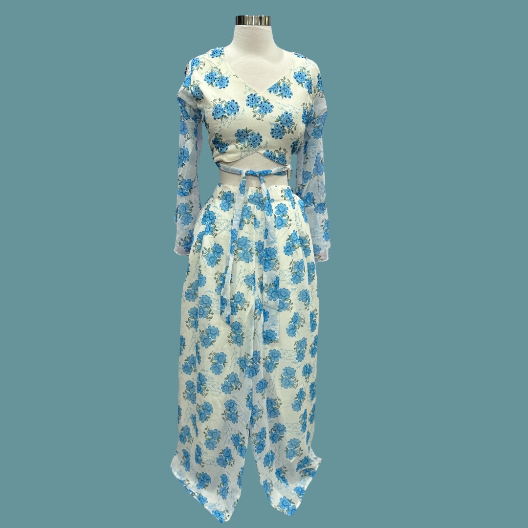 Elegant 3 pc Cord set in organza jacket with banarsi top and pant fabric powder blue Partywear Dress
Size 36/38