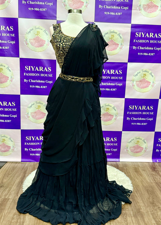 Beautiful Black Drape style part wear lehenga with work all over the blouse and come with the work hip belt. Available in size 36/38.