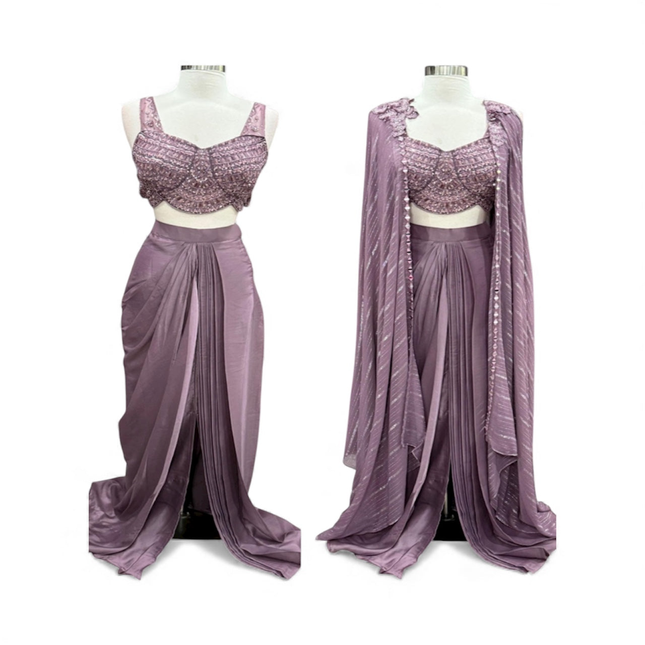 Gorgeous mauve Indo-Western outfit |Hand-embroidered crop top| flowy pleated dhoti skirt and a stunning cape-style jacket| Size 36
