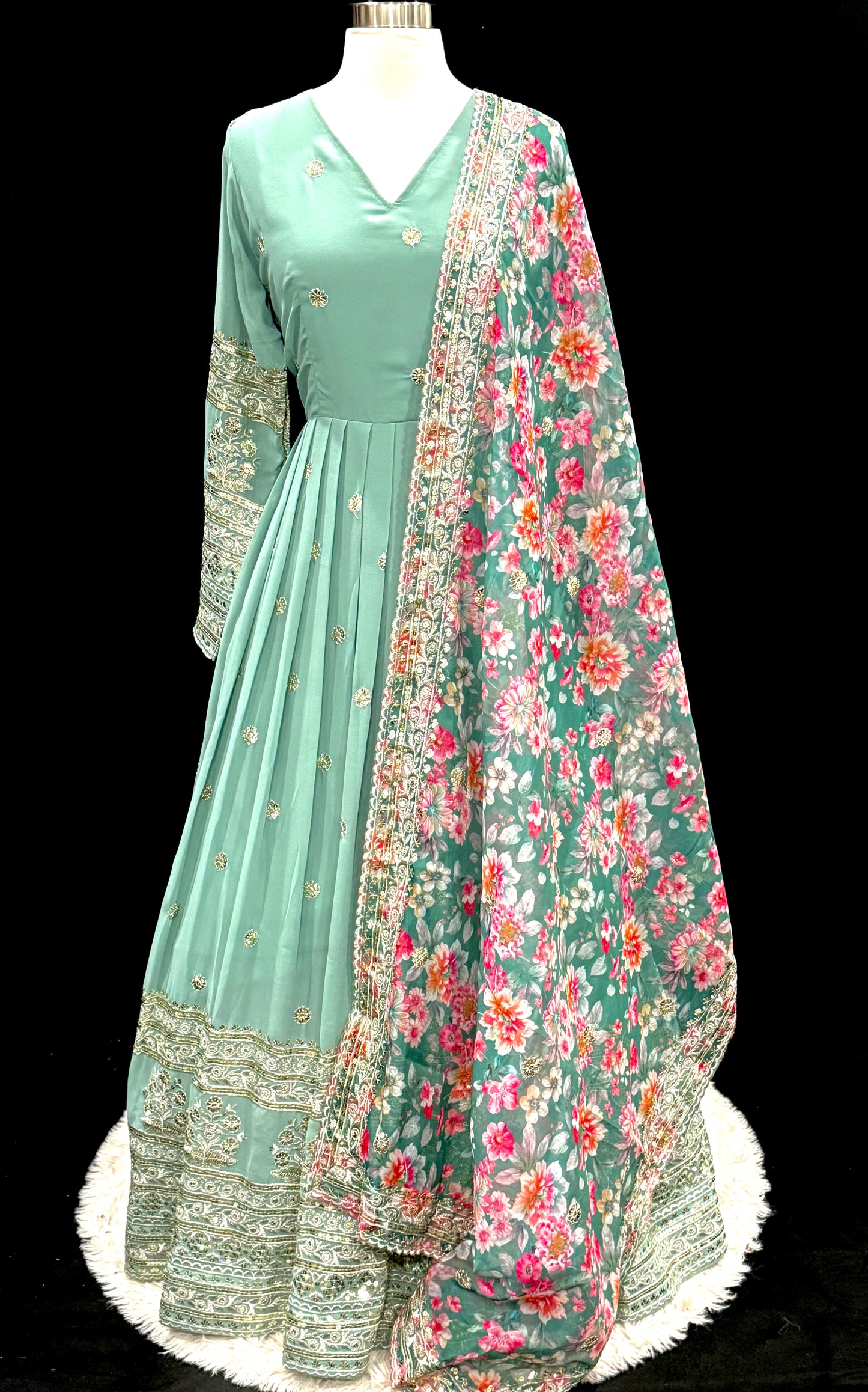 Elegant Sea Green Embroidered Anarkali Suit with Floral Dupatta. Available in size 42.