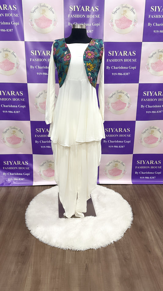 Pretty white Dhoti Style Dress with peplum top and Kalamkari Jacket