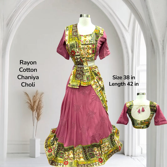 Elegant rayon cotton Chaniya Choli in pastel colors with print and sequence work size 38 ready to ship budget friendly