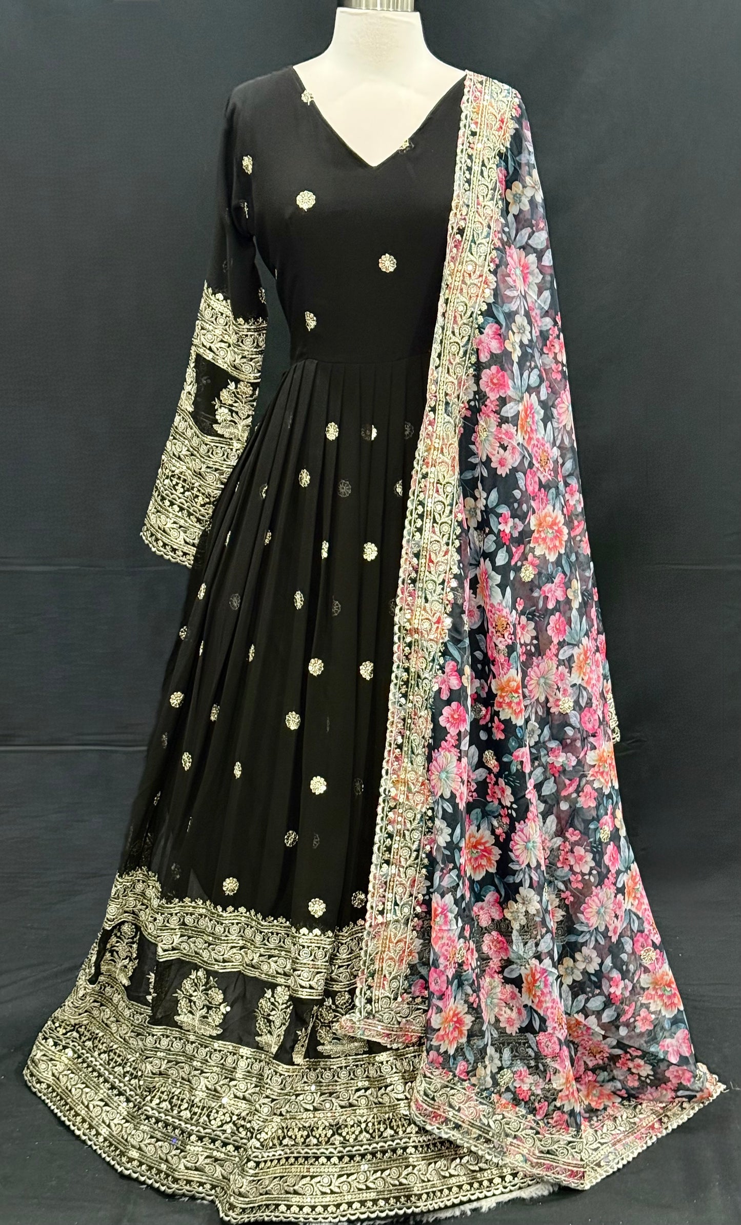 Elegant Black Embroidered Anarkali Suit with Floral Dupatta. Available in size 40.